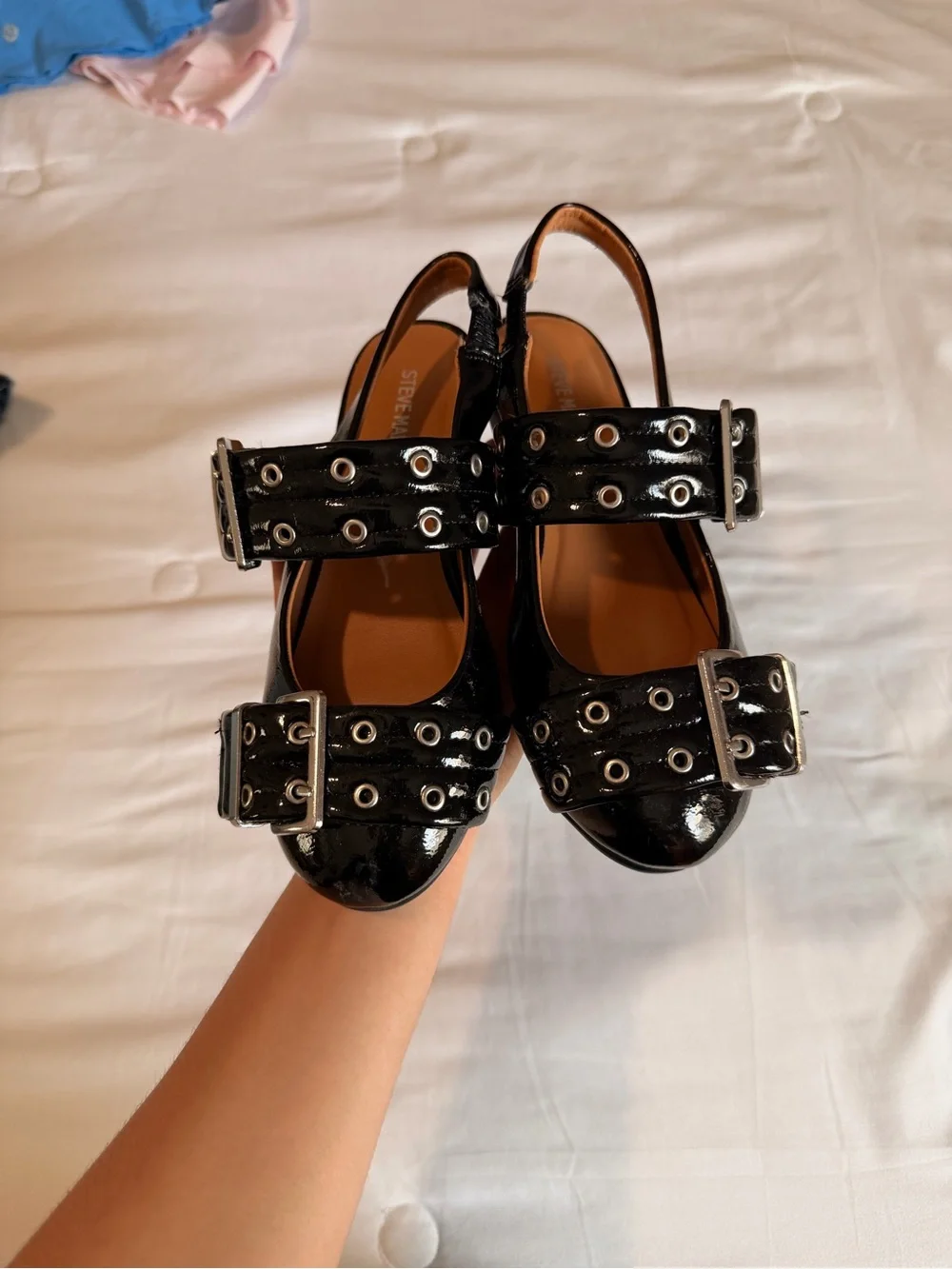 Steve Madden Black Patent Studded Buckle Slingback Flats